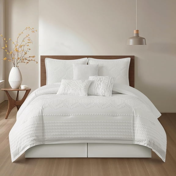 White Geometric Comforter Set, 7 count, Jacquard with Matching Solid Microfiber Work, Modern Design, Bedding Sets, Decor