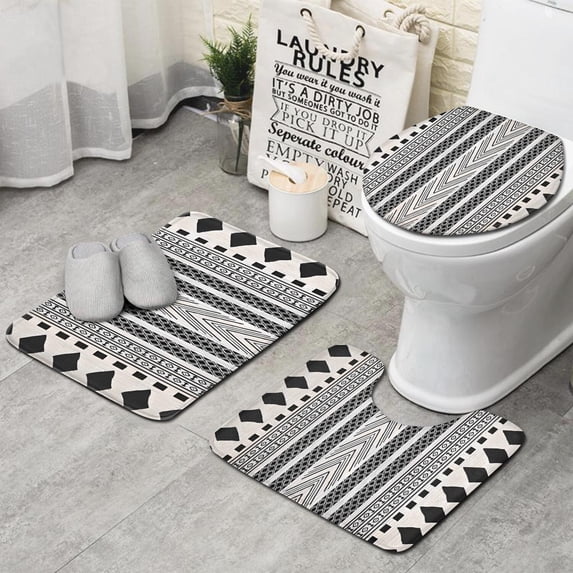 White Geometric Diamond Chevron Pattern Bathroom Rugs Sets 3 Piece,Toilet Cover Set,Absorbent Non Slip Bathroom Mats Sets with U-Shaped Contour Rug Toilet Rug Set