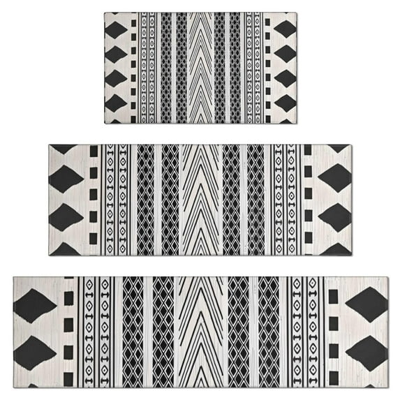 White Geometric Diamond Chevron Pattern Kitchen Rugs Sets Of 3,Kitchen Runner Rugs Non Skid Washable,Decorative Kitchen Floor Mats for Kitchen,Sink,Laundry,17"x30"+ 17"x47" + 17"x59"