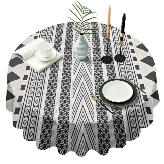 White Geometric Diamond Chevron Pattern Round Tablecloth 60"x60",Wrinkle Wipeable Table Cloth for Kitchen Dining Room Picnic Patio Party