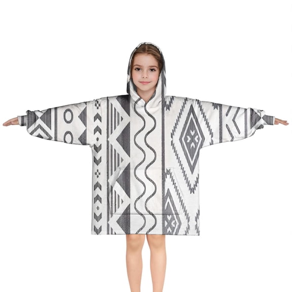White Geometric Diamond Wave Pattern Blanket Hoodies for Kids 6-13YR Oversize Wearable Blanket Hoodies for Boys Girls Teens