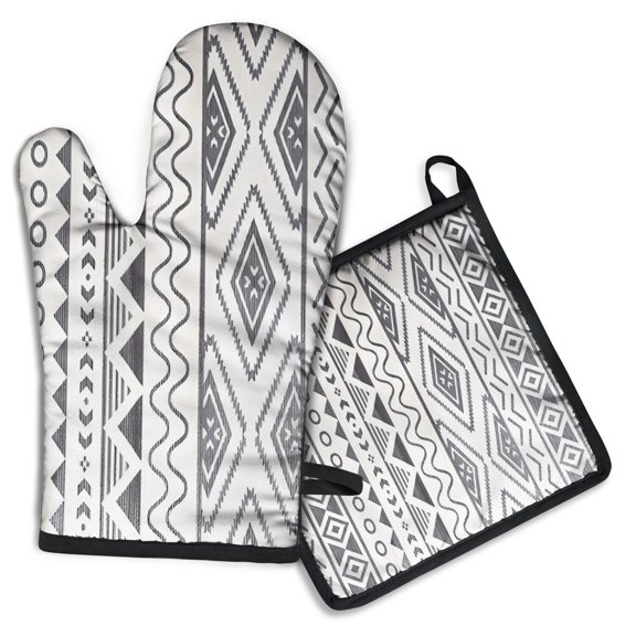 White Geometric Diamond Wave Pattern Kitchen Oven Mitt and Pot Holder Sets 2 Pcs for Baking, Cooking and Grilling, Heat Resistant Up To 392 °F