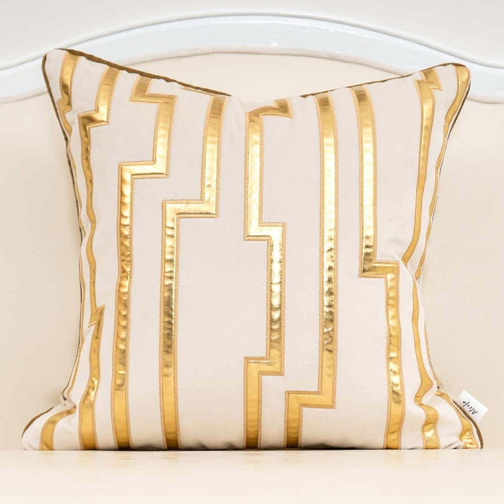 White and Gold Geometric Embroidered Velvet Throw Pillow Cover 18"