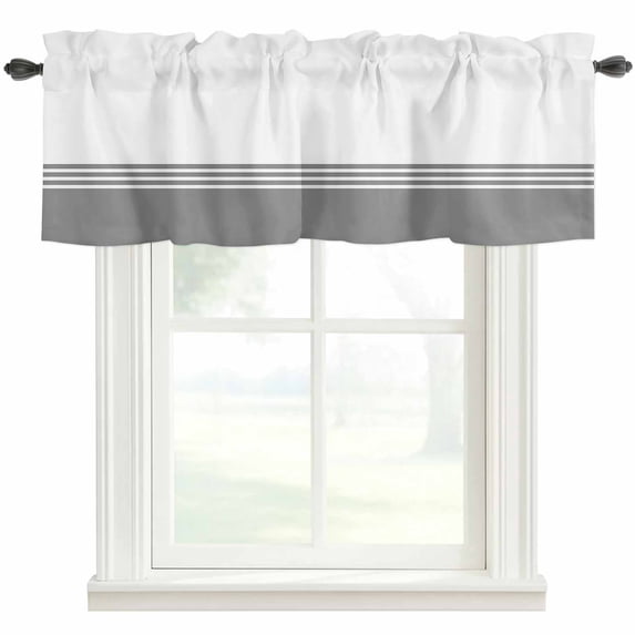 White Geometric Gray Stripes Window Valance Curtain Modern Minimalist Rod Pocket Short Curtain for Living Room, Bedroom & Kitchen Window Decor 42x12in
