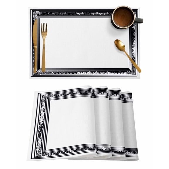 White Geometric Placemats Set of 4, Black Greek Key Design Abstract Modern Art Placemats for Dining Table, Place Mats for Kitchen Tabletop, Waterproof Wipeable Dining Table Mats Set