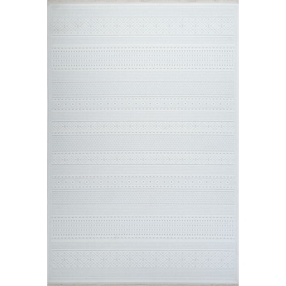 White Geometric Polyester Machine Made Alan Halısı