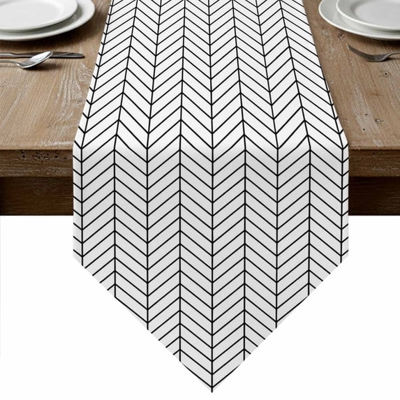 White Geometric Table Runner Linen Burlap Table Runner 70 Inches Long Modern Minimalism Black Striped Lines Dresser Scarves for Kitchen Island Coffee Dining Party Wedding Holiday Decor 13"x70"