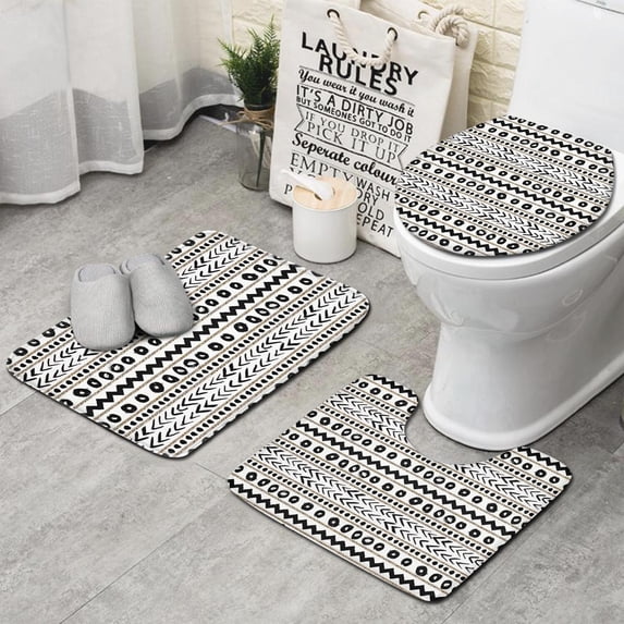White Geometric Zigzag Circle Pattern Bathroom Rugs Sets 3 Piece,Toilet Cover Set,Absorbent Non Slip Bathroom Mats Sets with U-Shaped Contour Rug Toilet Rug Set