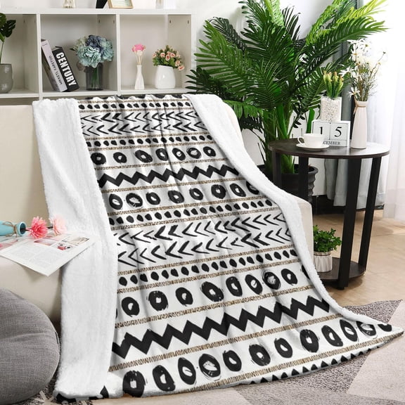 White Geometric Zigzag Circle Pattern Blanket,Comfortable Soft Flannel Throw Blanket,All Season,Warm Lightweight Blankets for Sofa Bed Couch Living Room Chair,60"x80"