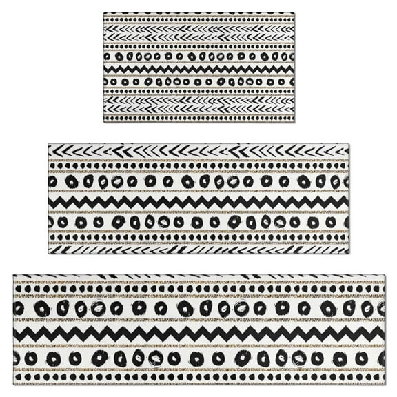 White Geometric Zigzag Circle Pattern Kitchen Rugs Sets Of 3,Kitchen Runner Rugs Non Skid Washable,Decorative Kitchen Floor Mats for Kitchen,Sink,Laundry,17"x30"+ 17"x47" + 17"x59"