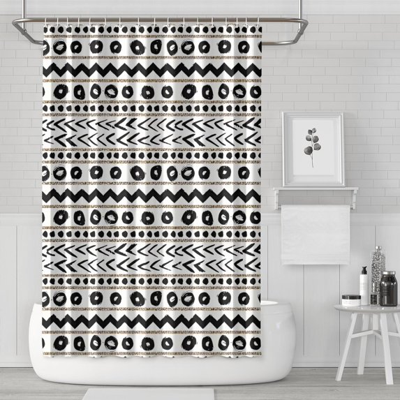 White Geometric Zigzag Circle Pattern Shower Curtain 72"x72" ,Bathroom Decorative Shower Curtains Set with 12 Hooks,Modern Waterproof Washable Shower Curtain