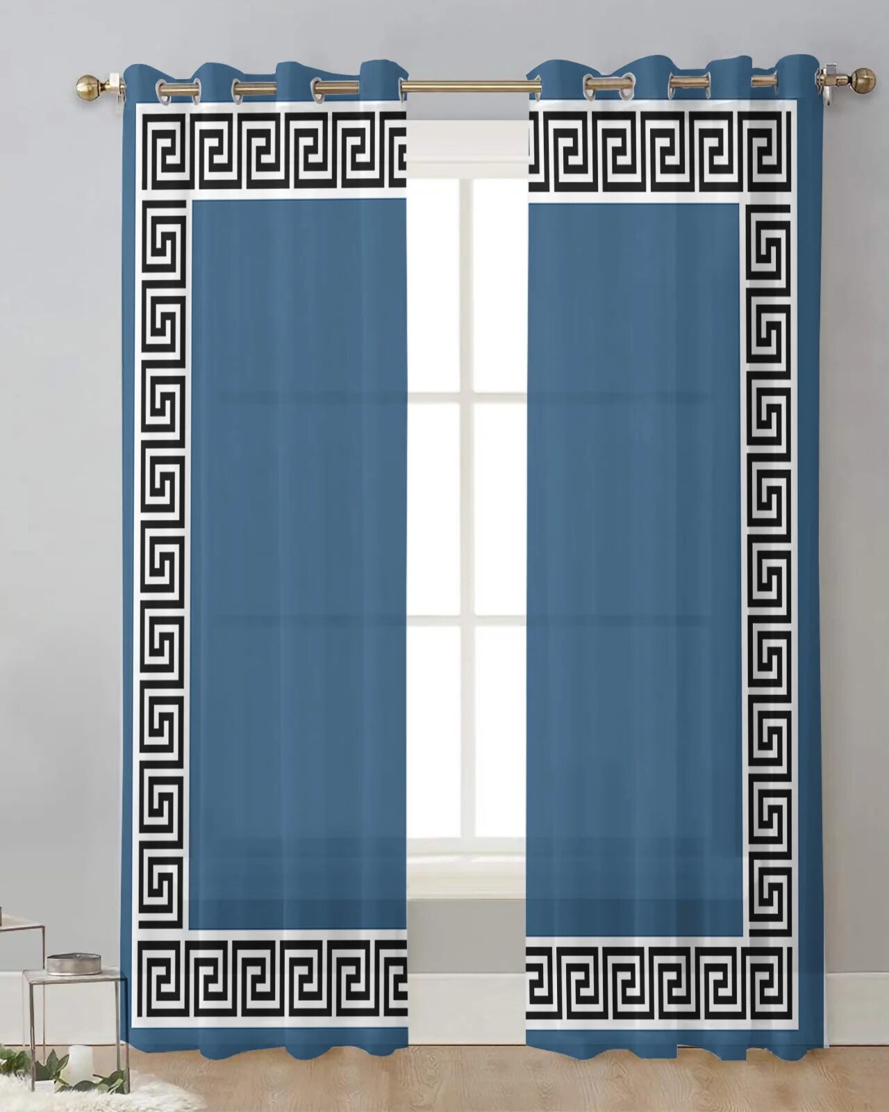 White Geometric Zigzag Greek Pattern Tulle Curtain for Living Room Bedroom Modern Sheer Curtains