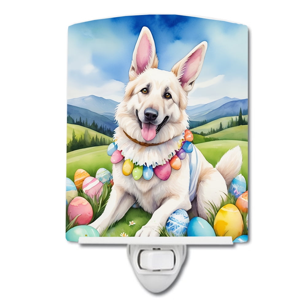 White German Shepherd Easter Egg Hunt Ceramic Night Light 4 in x 6 in