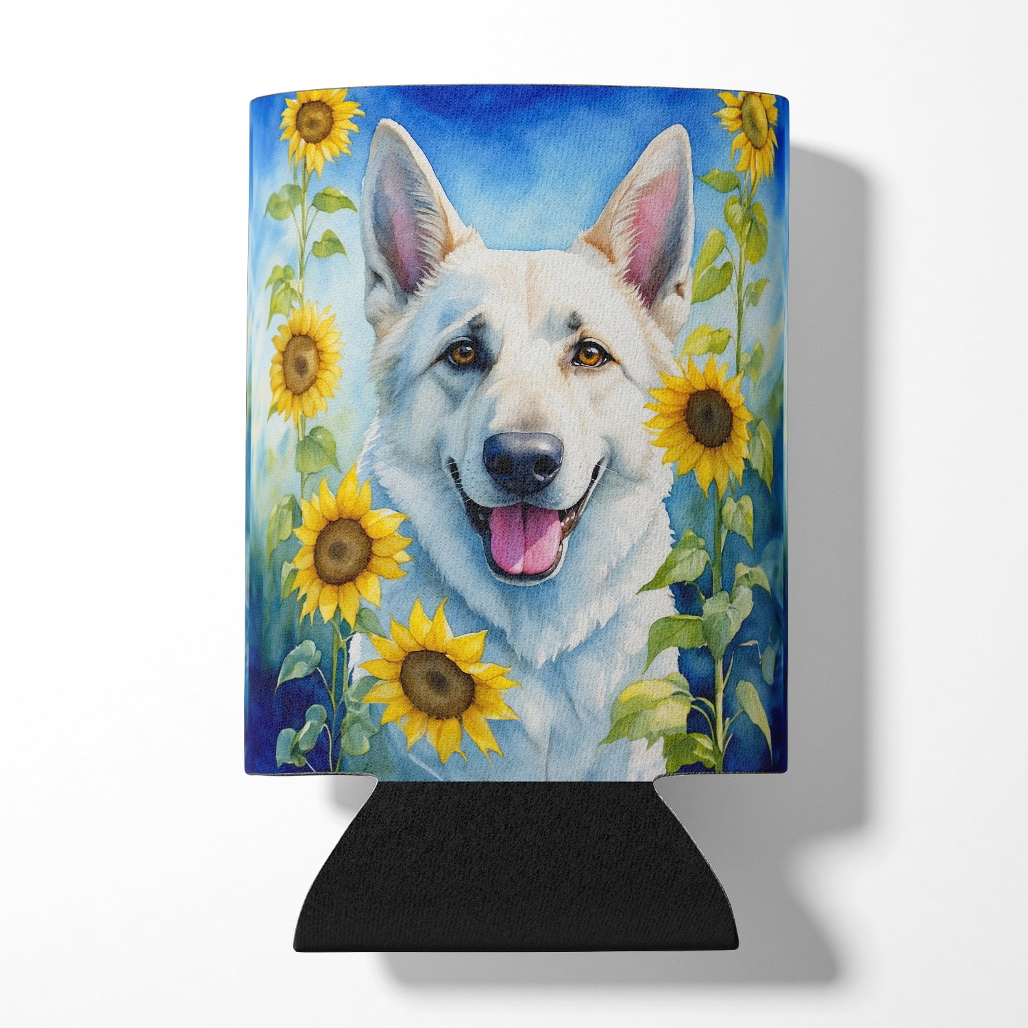 White German Shepherd in Sunflowers Can or Bottle Hugger 3 in x 5 in