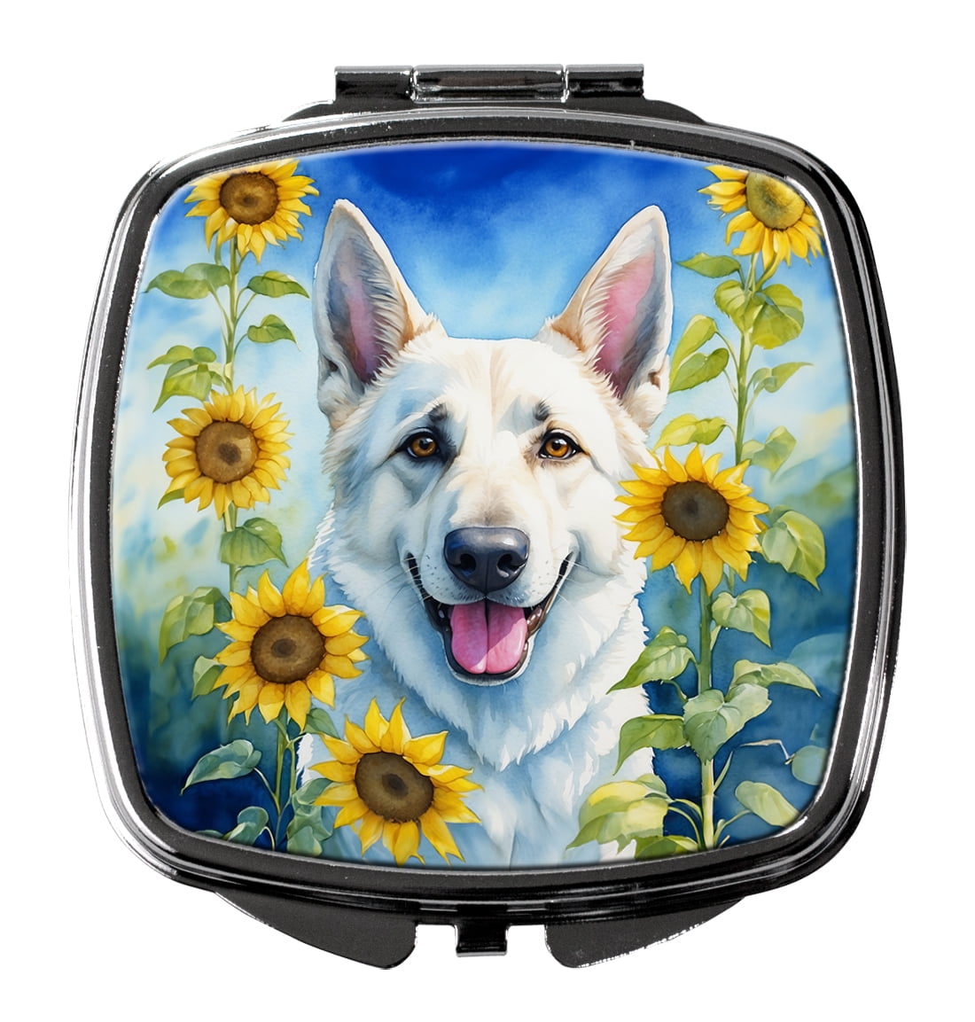 White German Shepherd in Sunflowers Compact Mirror 2.75 in x 3 in
