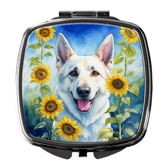 White German Shepherd in Sunflowers Compact Mirror 2.75 in x 3 in