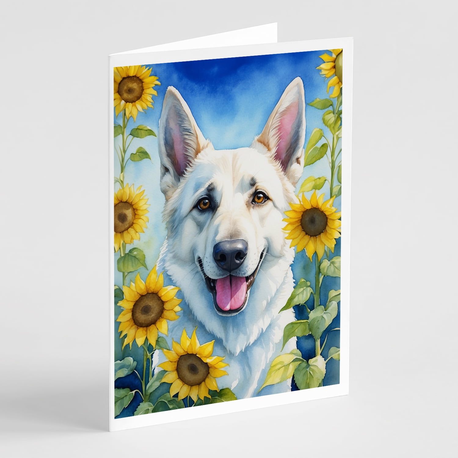 White German Shepherd in Sunflowers Greeting Cards Pack of 8 7 in x 5 in