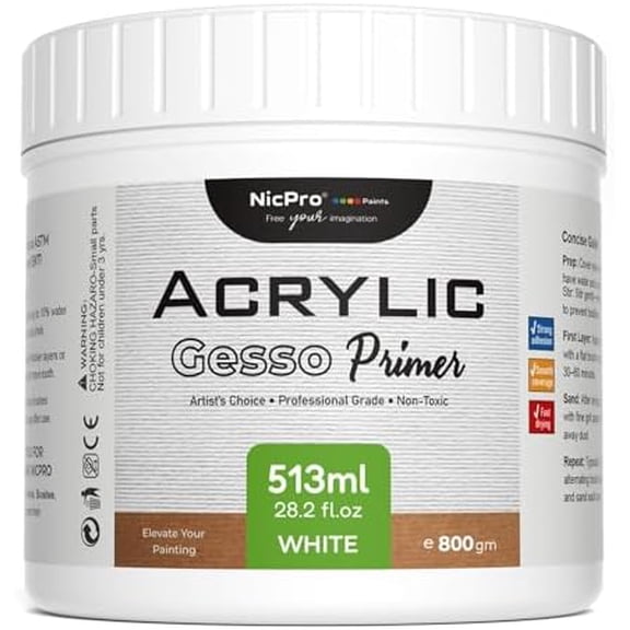 White Gesso Primer for Acrylic Painting(28.2 Oz / 513ML), Excellent Coverage, Gesso Surface Prep Medium for Acrylic Paint & Oil Paint, Heavy Gesso Primer for Canvas, Wood, Paper, Plastic