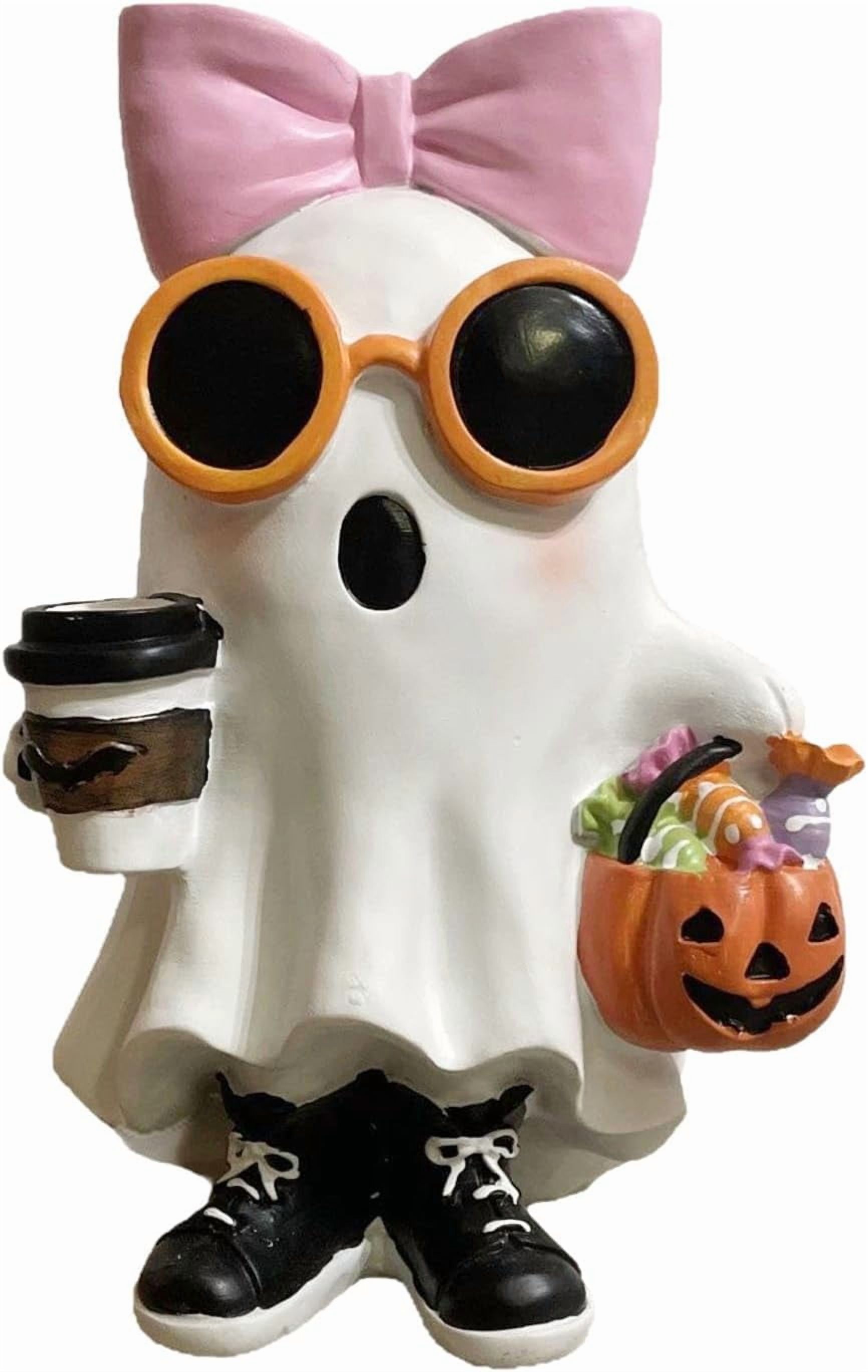 White Ghost Girl Figurine with Pink Bow & Hot Drink - Resin Halloween ...