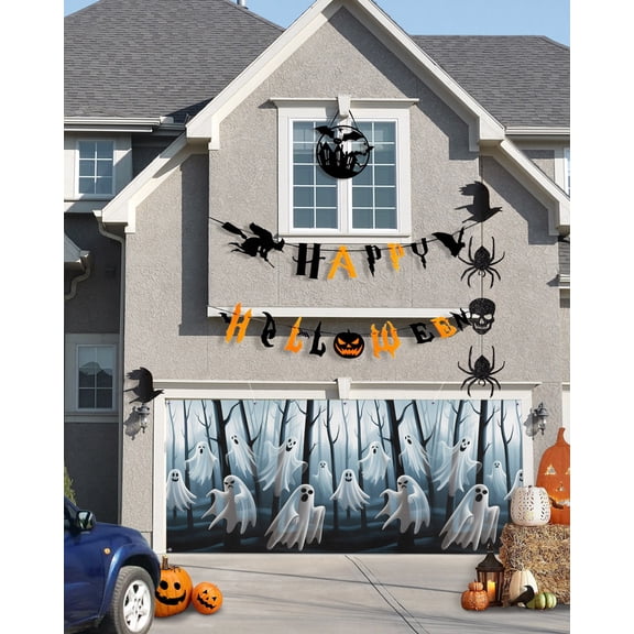 White Ghost Halloween Garage Door Cover, Silhouettes Forest Branches Garage Door Decorations with Ropes, Outdoor Hanging Banner Backdrop for Holiday Party Courtyard Porch Wall Decor 6x13ft