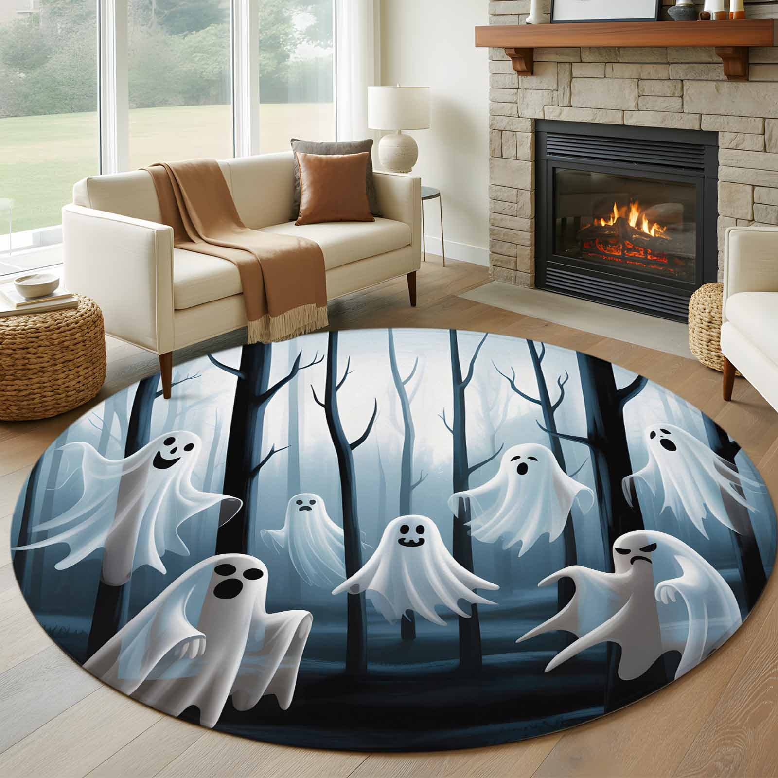 White Ghost Halloween Round Area Rug 5 FT, Non Slip Bedroom Area Rug ...