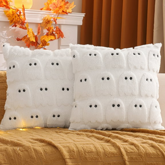 White Ghost Halloween Throw Pillow Covers 18 x 18 Inch Set of 2 Seasonal Autumn Thanksgiving Harvest Decor Soft Plush Faux Fur Jacquard Cushion Case Decoration for Spooky Season