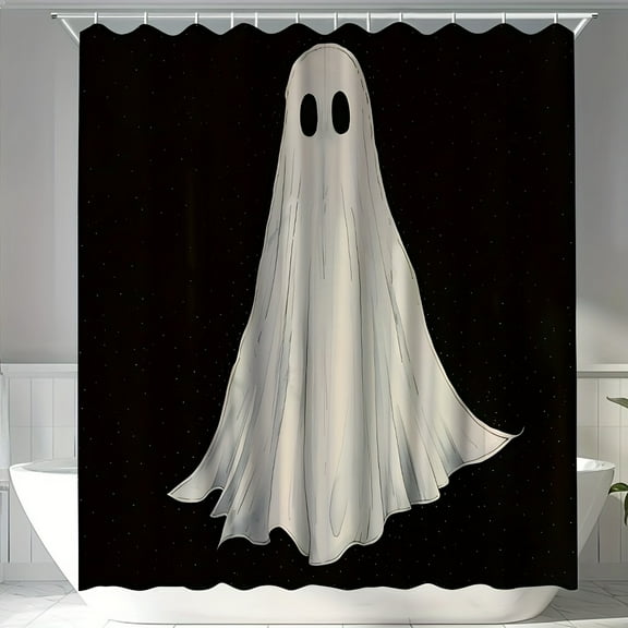 White Ghost Halloween Waterproof Polyester Shower Curtain with Black Backdrop for Halloween Bathroom Decor 72x72 inch, Machine Washable
