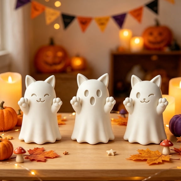 White Ghost Kitty Ceramic Figurine, Cute Spooky Cat Ghost Tabletop Statue For Halloween Fall Home Decor