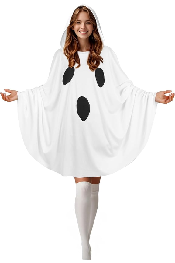 White Ghost Poncho for adult Halloween Costume Women with Attached Hood