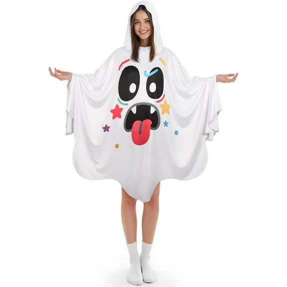 White Ghost Poncho with Hood Adult Spooky Halloween Costume for Womens