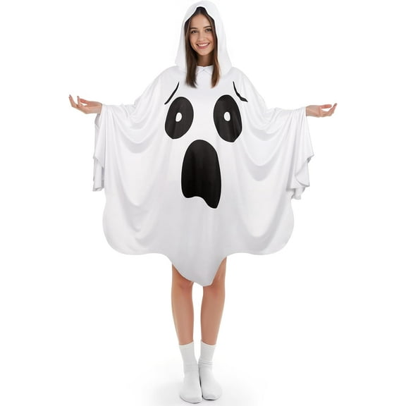 White Ghost Poncho with Hood Adult Spooky Halloween Costume for Womens
