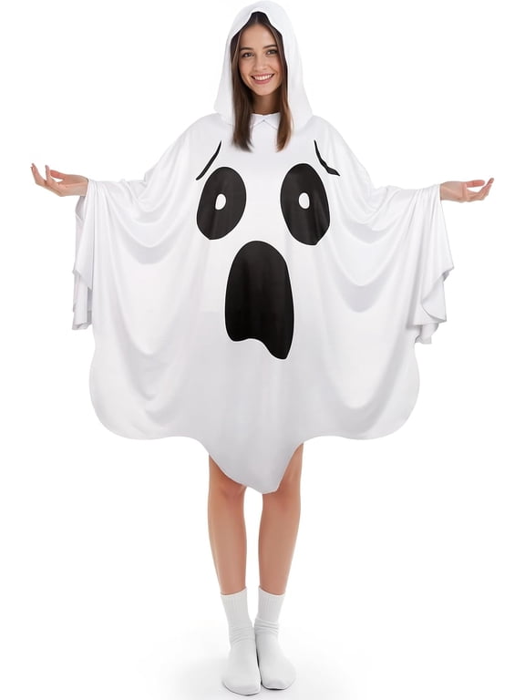 White Ghost Poncho with Hood Adult Spooky Halloween Costume for Womens