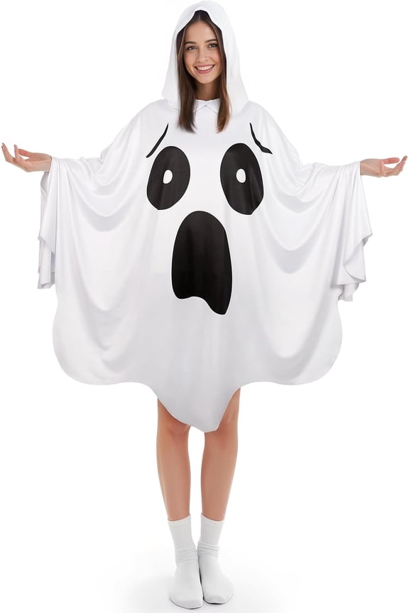 White Ghost Poncho with Hood Adult Spooky Halloween Costume for Womens
