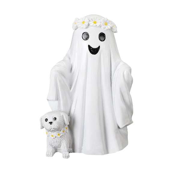 White Ghost Walking Dog Figurine Hand Painted Weatherproof Resin Statue for Halloween Porch Farmhouse Indoor Bedroom Decor(White