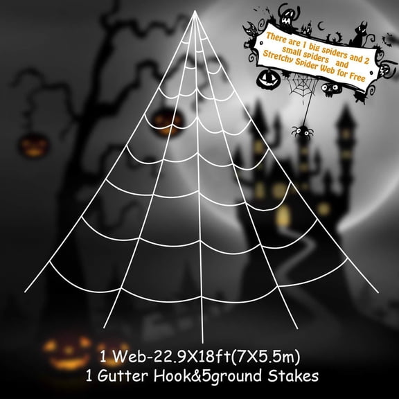 White Giant Triangular Spider Web 23x18ft with Stakes for Halloween Yard Party Decor