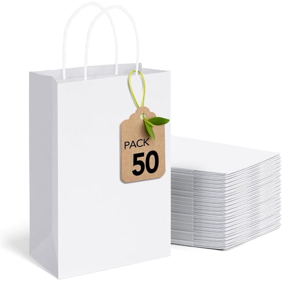 White Gift Bags 5.25x3.75x8 Inch 50 Pack,Small Paper Shopping Bags with Handles Bulk,Heavy Duty Reusable for Business Grocery Birthday Wedding Kids Party Favors (Made in USA)