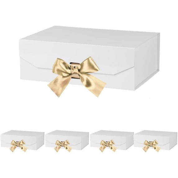 White Gift Box 10x7.3x3.5 Inches, Decorative Box with Ribbon, Empty Gift Box with Lid Magnetic Closure, Groomsman Box, Rectangle Collapsible Gift Boxes for Shirt (Glossy White)