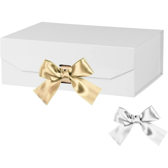 White Gift Box 10x7.3x3.5 Inches, Decorative Box with Ribbon, Empty Gift Box with Lid Magnetic Closure, Groomsman Box, Rectangle Collapsible Gift Boxes for Shirt (Glossy White)