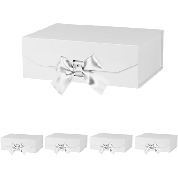 White Gift Box 10x7.3x3.5 Inches, Decorative Box with Ribbon, Empty Gift Box with Lid Magnetic Closure, Groomsman Box, Rectangle Collapsible Gift Boxes for Shirt (Matte White)