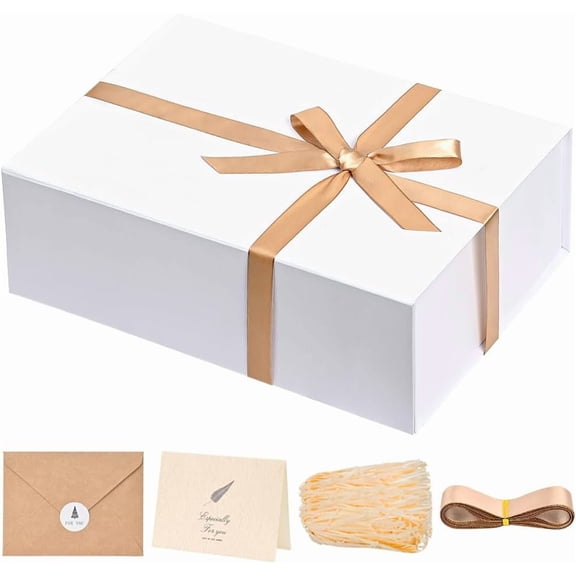 White Gift Box 13.85 x 8.35 x 4.45 inch Gifts Box for Bridesmaid Proposal Gifts for Wedding with Card, Ribbon, Shredded Paper Filler Shirt Boxes for Presents (1 Pcs)