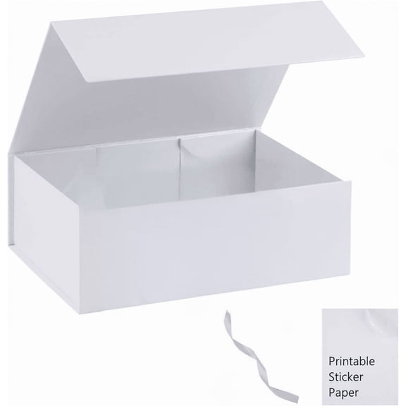 White Gift Box 13x11x5.3 Inch with Lid Ribbon and Printable Sticker Paper