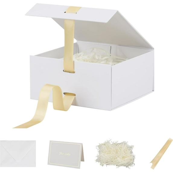 White Gift Box with Ribbon 1 Pack 6X6X3 Inch Small Gift Box with Lid Magnetic Closure Rectangle Collapsible Luxury Boxes for Weeding Gifts、Shredded Paper Filler & Card
