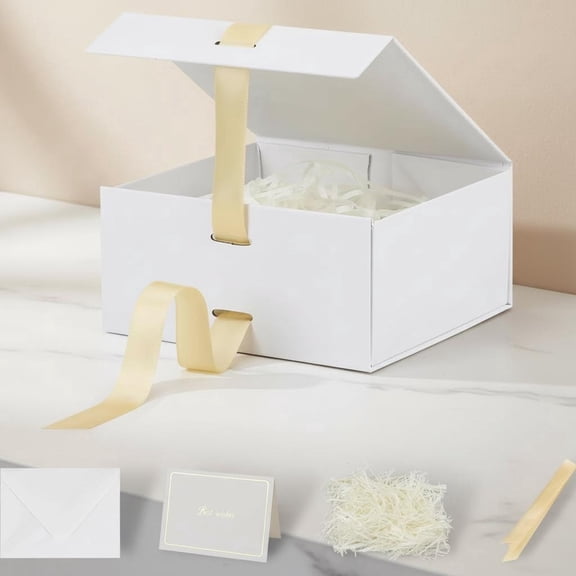 White Gift Box with Ribbon, Magnetic Closure, Collapsible Rectangle Box for Gifts