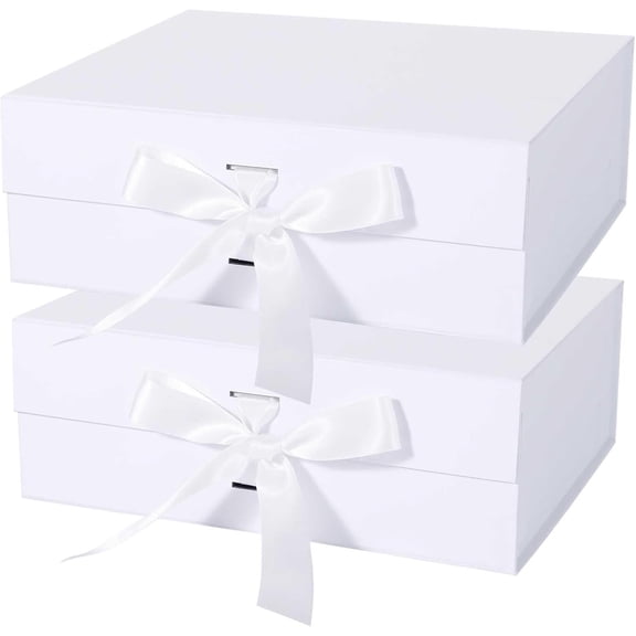 White Gift Box with Ribbon Magnetic Lids 10.2x9x3.74 in, Christmas Boxes Bridesmaid Groomsman Proposal Boxes, Wedding Storage 2 Pack