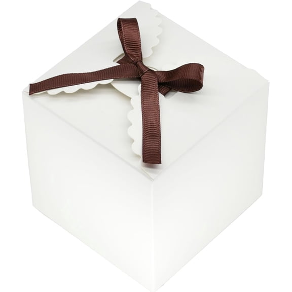 White Gift Boxes 4x4x4 Inch with Brown Ribbon, Small Paperboard Cube Favor Boxes, Elegant Gift Box for Wedding, Party Favors, Candy, Treats & DIY Packaging