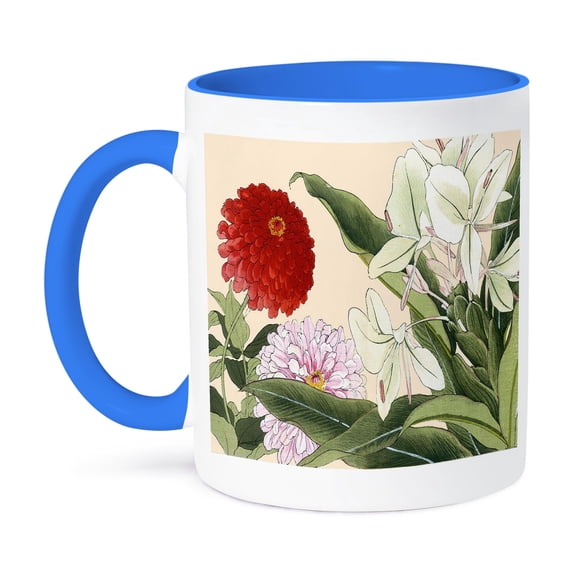 3dRose, White Ginger and Red and Pink Zinnias, 11oz Two-Tone Blue Mug