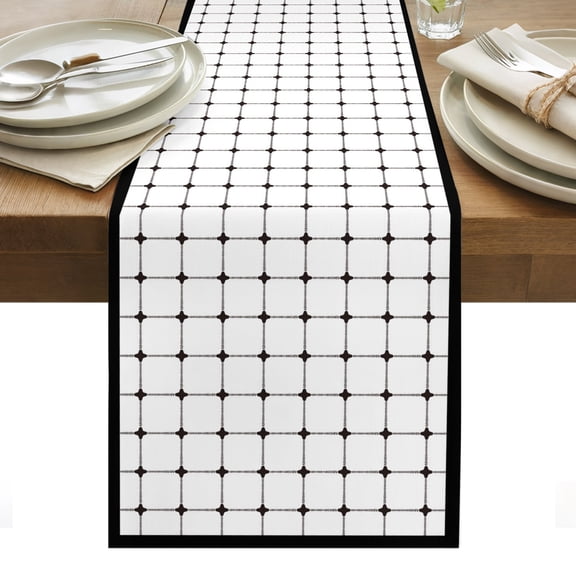 White Gingham Cotton Linen Table Runner Modern Minimalist Black Line Grid Points Checkered Dining Table Runners for Home Decor Party Dining Room Restaurant Kitchen Party 13" x 36"