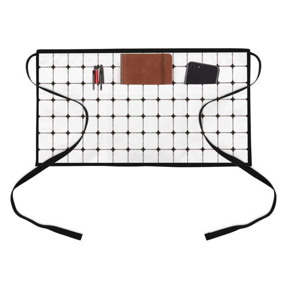 White Gingham Kitchen Restaurant Half Waist Apron, Modern Minimalist Black Line Grid Points Checkered Server Short Apron with 3 Pockets Waterproof Oil Waist Aprons for Women Waitress Waiter