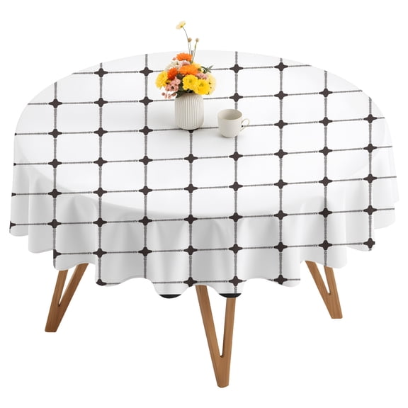 White Gingham Round Tablecloth 54 inches Modern Minimalist Black Line Grid Points Checkered Waterproof Oil-Proof Table Cloth Round Table Cover for Holiday Party Picnic Dinner Decor Indoor Outdoor Use