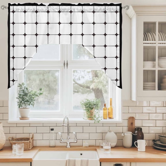 White Gingham Swag Curtain Valance for Windows, Modern Minimalist Black Line Grid Points Checkered Swag Curtains Drapes Rod Pocket for Kitchen Bathroom Small Window, 1 Panel 56x36in
